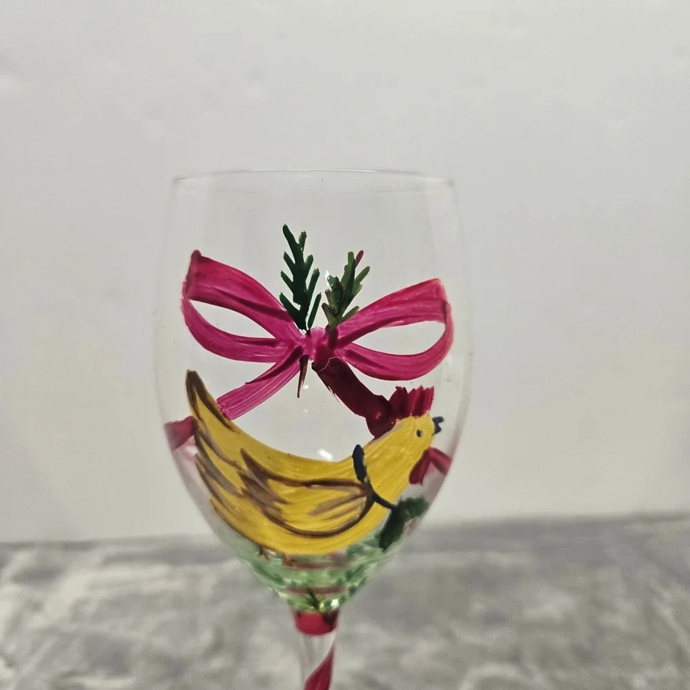 Hand Painted Wine Glass Yellow Chicken Hen Pink Bow Festive Holiday Stemware